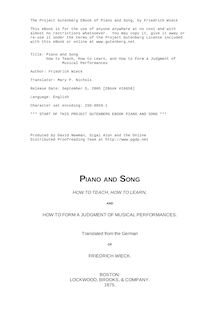 Piano and Song - How to Teach, How to Learn, and How to Form a Judgment of Musical Performances