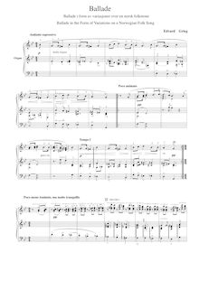 Partition Transcription pour orgue, Ballade Op.24, Grieg, Edvard