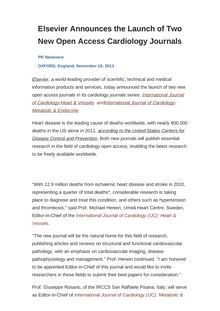 Elsevier Announces the Launch of Two New Open Access Cardiology Journals