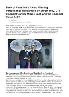 Bank of Palestine s Award Winning Performance Recognized by Euromoney, CPI Financial/Banker Middle East, and the Financial Times & IFC