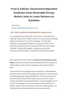 Frost & Sullivan: Government-dependent Southeast Asian Renewable Energy Market Looks to Lower Reliance on Subsidies