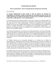  Communiqué du tribunal administratif de Paris - Réserve parlementaire 