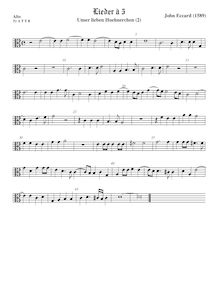 Partition aigu 2 ou ténor viole de gambe, alto clef, Unser lieben Huehnerchen pour violes de gambe par Johannes Eccard