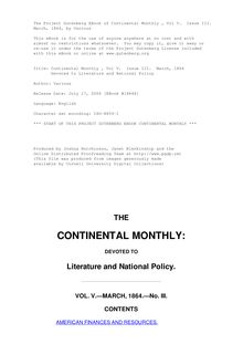 The Continental Monthly, Vol. 5, No. 3,  March, 1864 - Devoted to Literature and National Policy
