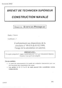 Sciences physiques 2002 BTS Construction navale