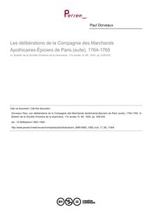 Les délibérations de la Compagnie des Marchands Apothicaires-Épiciers de Paris (suite), 1764-1765 - article ; n°66 ; vol.17, pg 428-432