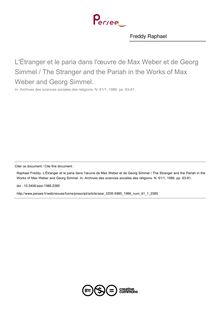 L Étranger et le paria dans l œuvre de Max Weber et de Georg Simmel / The Stranger and the Pariah in the Works of Max Weber and Georg Simmel. - article ; n°1 ; vol.61, pg 63-81