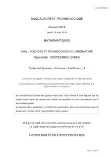 Bac 2014 - Série STL spé biotechno - maths