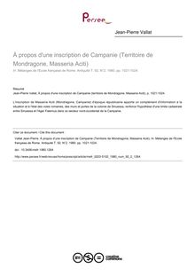 À propos d une inscription de Campanie (Territoire de Mondragone, Masseria Aciti) - article ; n°2 ; vol.92, pg 1021-1024