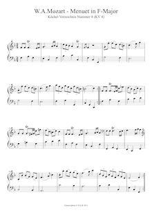 Partition Minuet en F major, K.4, Nannerl s Music Book, Mozart, Wolfgang Amadeus