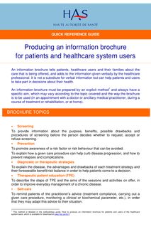 Élaboration d un document écrit d information à l intention des patients et des usagers du système de santé - How to produce an information brochure - Quick reference guide