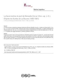 La faune tardive du port de Marseille (Ve au VIIe s. ap. J.-C.). D après les fouilles de La Bourse (1980-1981) - article ; n°1 ; vol.31, pg 233-253
