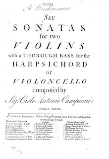 Partition violon 1, 6 Trio sonates, Six sonatas for two violins, with a thorough bass for the harpsichord or violoncello