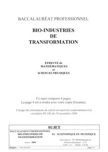 Mathématiques et sciences physiques 2004 Bac Pro - Bio-industries de transformation