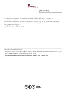 France Govaerts Marques Pereira et Pierre E. Mandl. « Présentation des informations et dialectique du temps dans le langage filmique »  ; n°1 ; vol.5, pg 140-141