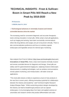 TECHNICAL INSIGHTS - Frost & Sullivan: Boom in Smart Pills Will Reach a New Peak by 2018-2020