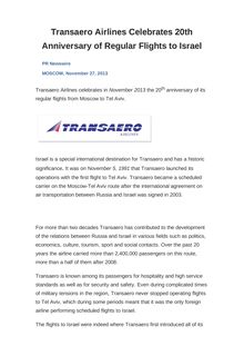 Transaero Airlines Celebrates 20th Anniversary of Regular Flights to Israel