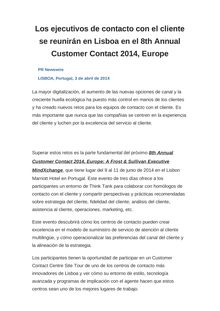 Los ejecutivos de contacto con el cliente se reunirán en Lisboa en el 8th Annual Customer Contact 2014, Europe