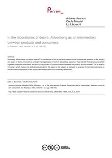 In the laboratories of desire. Advertising as an intermediary between products and consumers - article ; n°2 ; vol.1, pg 169-192