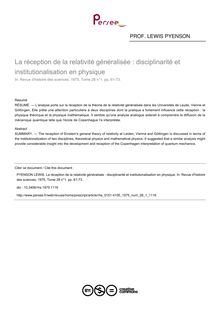 La réception de la relativité généralisée : disciplinarité et institutionalisation en physique - article ; n°1 ; vol.28, pg 61-73