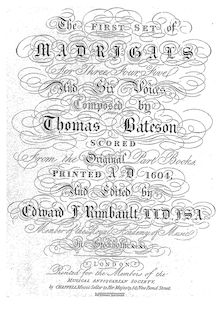 Partition Introduction et Contents, pour First Set of anglais Madrigales to 3, 4, 5 et 6 voix