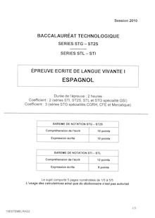 Espagnol LV1 2010 Baccalauréat technologique