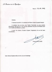 Lettre de François Hollande à Leurs Altesses Royales le Duc et la Duchesse de Cambridge à l'occasion de la naissance de leur enfant
