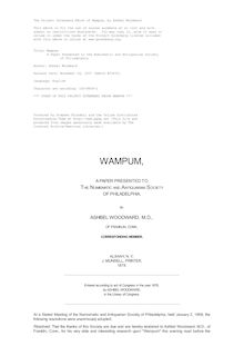 Wampum - A Paper Presented to the Numismatic and Antiquarian Society - of Philadelphia