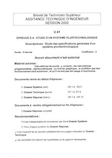 Etude des spécifications générales d un système pluritechnologique 2002 BTS Assistant technique d ingénieur