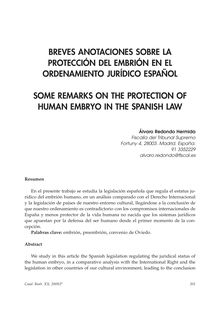 Breves Anotaciones Sobre la Protección del Embrión en el Ordenamiento Jurídico Español (Some Remarks on the Protection of Human Embryo in the Spanish Law)