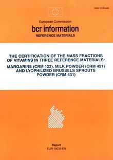 THE CERTIFICATION OF THE MASS FRACTIONS OF VITAMINS IN THREE REFERENCE MATERIALS: MARGARINE (CRM 122), MILK POWDER (CRM 421) AND LYOPHILIZED BRUSSELS SPROUTS POWDER (CRM 431). Vitamins A, D3 & E in CRM 122; C, D3, E & Niacin in CRM 421, and C & Niacin in CRM 431