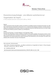 Economie et psychologie : une réflexion autrichienne sur l organisation de l esprit - article ; n°3 ; vol.22, pg 189-222