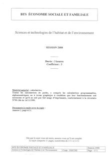 Sciences et technologies de l habitat et de l environnement 2008 BTS Économie sociale et familiale