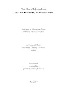 Thin films of polythiophene [Elektronische Ressource] : linear and nonlinear optical characterization / vorgelegt von Mohamad Jahja