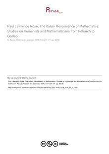 Paul Lawrence Rose, The Italian Renaissance of Mathematics. Studies on Humanists and Mathematicians from Petrarch to Galileo  ; n°1 ; vol.31, pg 82-86