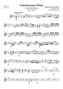 Partition violons I, Piano Concerto No.2, B♭ major, Mozart, Wolfgang Amadeus