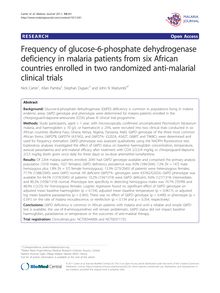 Frequency of glucose-6-phosphate dehydrogenase deficiency in malaria patients from six African countries enrolled in two randomized anti-malarial clinical trials