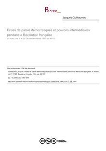 Prises de parole démocratiques et pouvoirs intermédiaires pendant la Révolution française - article ; n°26 ; vol.7, pg 86-107