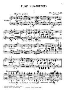 Partition complète, 5 Humoresques, Op.20, Reger, Max