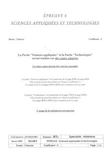 Sciences appliquées et technologies 2006 Hôtellerie Baccalauréat technologique