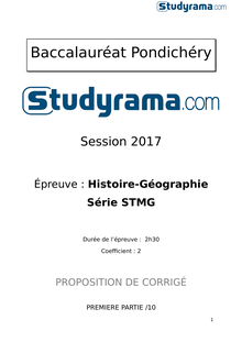 Corrigé du BAC STMG Pondichéry 2017- Histoire géographie