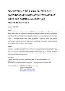 COMMENT CONTROLER L’UTILISATION EFFICIENTE DES CONNAISSANCES  ORGANISATIONNELLES DANS LA PRODUCTION