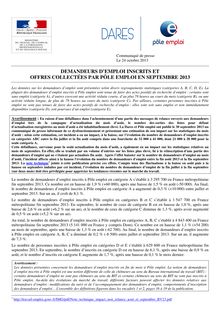 Communiqué de presse du DARES à propos de la publication du nombre de demandeurs d emploi inscrits et des offres collectées par Pôle emploi en septembre 2013