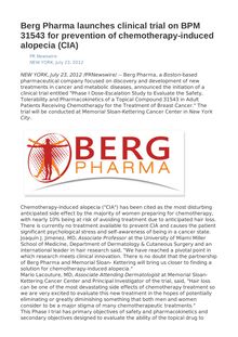 Berg Pharma launches clinical trial on BPM 31543 for prevention of chemotherapy-induced alopecia (CIA)