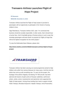 Transaero Airlines Launches Flight of Hope Project