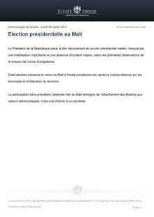 Communiqué de l'Elysée sur l'élection présidentielle au Mali