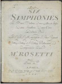 Partition violoncelles/Basses, 6 Simphonies a 2 Violons, 2 Altos et Basse, 2 Hautbois, 2 Cors