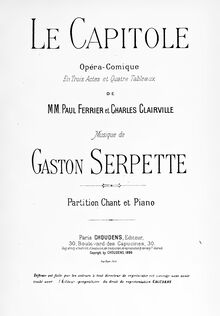 Partition complète, Le capitole, Opéra-comique en trois actes et quatre tableaux