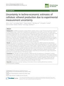 Uncertainty in techno-economic estimates of cellulosic ethanol production due to experimental measurement uncertainty
