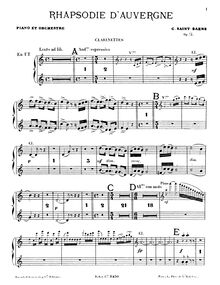 Partition clarinette 1/2 (en C), Rhapsodie d Auvergne, Op.73, Saint-Saëns, Camille